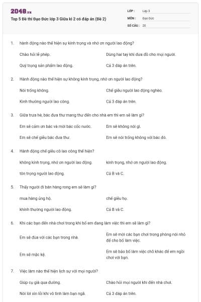 Top 5 Đề thi Đạo Đức lớp 3 Giữa kì 2 có đáp án (Đề 2)