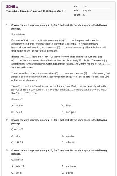 Trắc nghiệm Tiếng Anh 9 mới Unit 10 Writing có đáp án