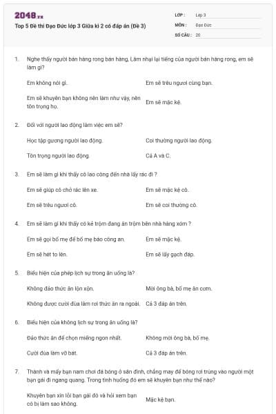 Top 5 Đề thi Đạo Đức lớp 3 Giữa kì 2 có đáp án (Đề 3)