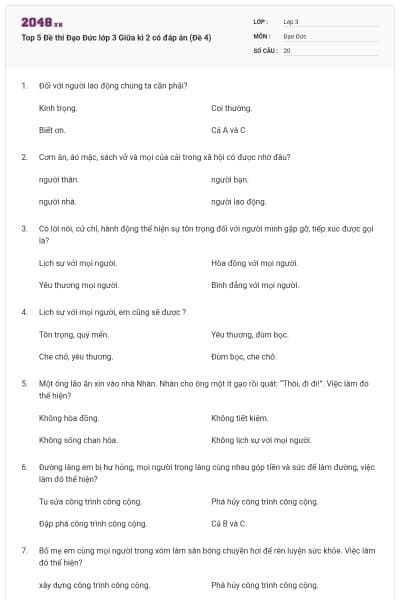 Top 5 Đề thi Đạo Đức lớp 3 Giữa kì 2 có đáp án (Đề 4)