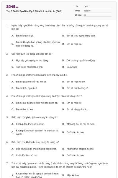 Top 5 Đề thi Đạo Đức lớp 3 Giữa kì 2 có đáp án (Đề 3)