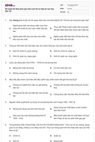 Đề luyện thi thpt quốc gia môn Lịch Sử có đáp án cực hay (Đề 10)