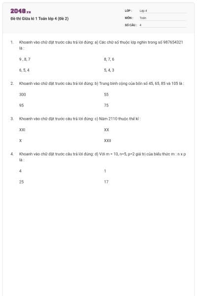 Đề thi Giữa kì 1 Toán lớp 4 (Đề 2)