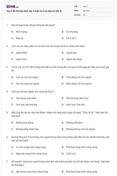 Top 5 Đề thi Đạo Đức lớp 3 Giữa kì 2 có đáp án (Đề 4)