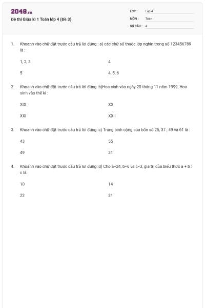 Đề thi Giữa kì 1 Toán lớp 4 (Đề 3)