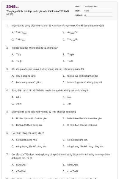 Tổng hợp đề thi thử thpt quốc gia môn Vật lí năm 2019 (đề số 19)