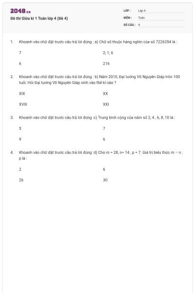 Đề thi Giữa kì 1 Toán lớp 4 (Đề 4)
