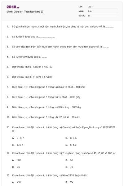 Đề thi Giữa kì 1 Toán lớp 4 (Đề 2)