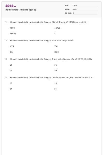 Đề thi Giữa kì 1 Toán lớp 4 (Đề 5)