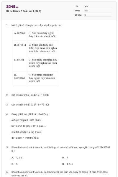 Đề thi Giữa kì 1 Toán lớp 4 (Đề 3)