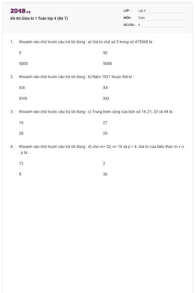 Đề thi Giữa kì 1 Toán lớp 4 (Đề 7)