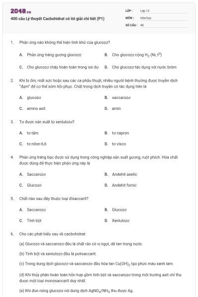 400 câu Lý thuyết Cacbohidrat có lời giải chi tiết (P1)