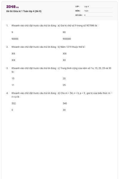 Đề thi Giữa kì 1 Toán lớp 4 (Đề 8)