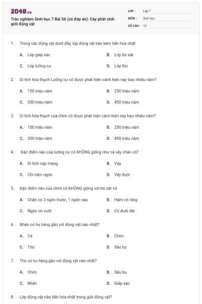 Trắc nghiệm Sinh học 7 Bài 56 (có đáp án): Cây phát sinh giới động vật