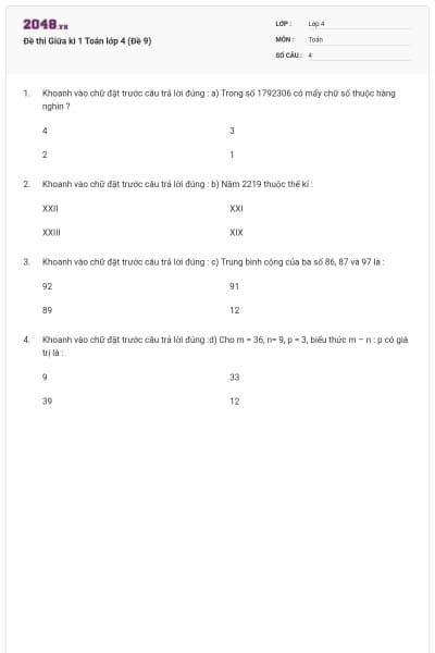 Đề thi Giữa kì 1 Toán lớp 4 (Đề 9)