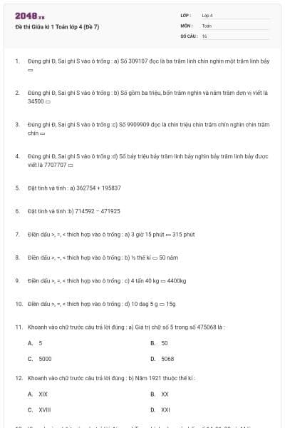 Đề thi Giữa kì 1 Toán lớp 4 (Đề 7)