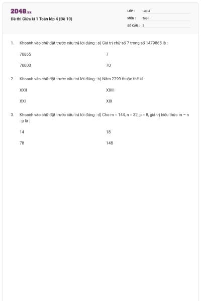 Đề thi Giữa kì 1 Toán lớp 4 (Đề 10)