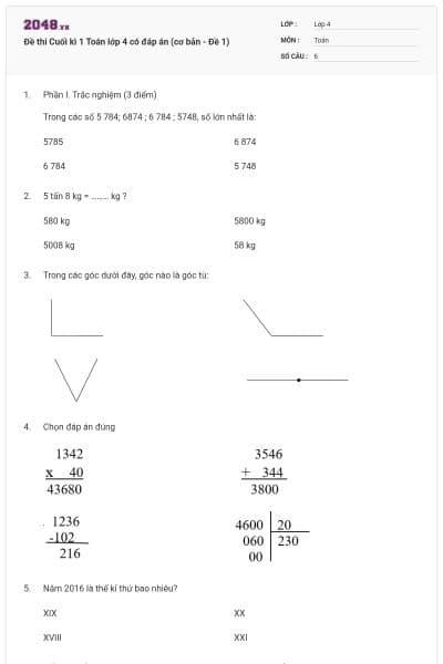 Đề thi Cuối kì 1 Toán lớp 4 có đáp án (cơ bản - Đề 1)