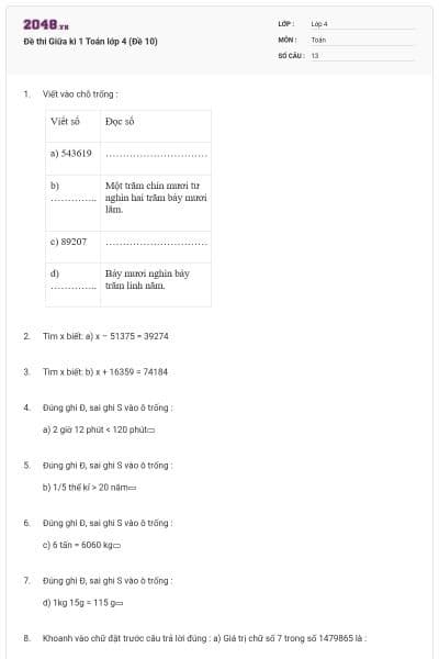 Đề thi Giữa kì 1 Toán lớp 4 (Đề 10)