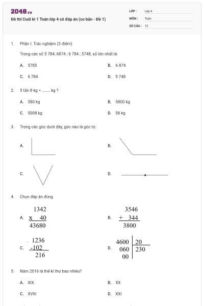 Đề thi Cuối kì 1 Toán lớp 4 có đáp án (cơ bản - Đề 1)