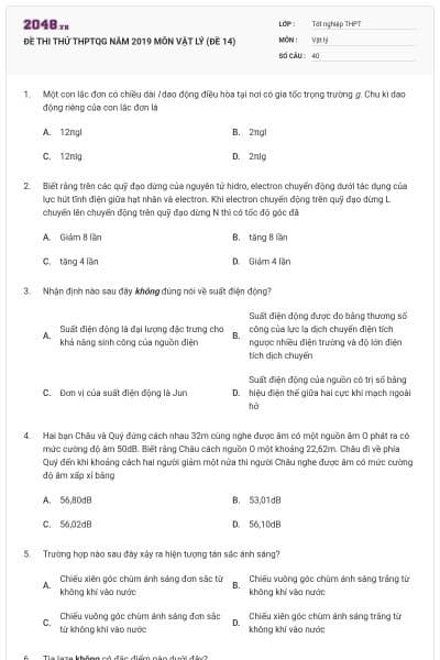 ĐỀ THI THỬ THPTQG NĂM 2019 MÔN VẬT LÝ (ĐỀ 14)