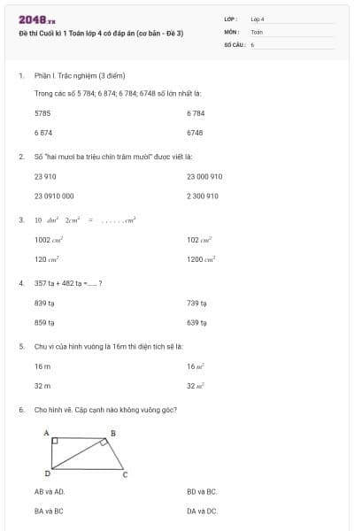 Đề thi Cuối kì 1 Toán lớp 4 có đáp án (cơ bản - Đề 3)