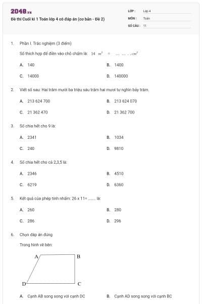 Đề thi Cuối kì 1 Toán lớp 4 có đáp án (cơ bản - Đề 2)