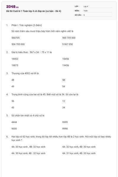 Đề thi Cuối kì 1 Toán lớp 4 có đáp án (cơ bản - Đề 4)