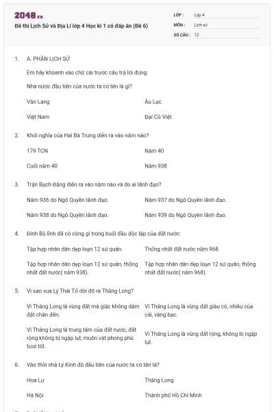 Đề thi Lịch Sử và Địa Lí lớp 4 Học kì 1 có đáp án (Đề 6)