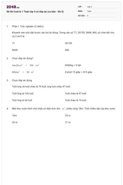 Đề thi Cuối kì 1 Toán lớp 4 có đáp án (cơ bản - Đề 5)