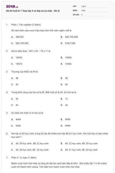 Đề thi Cuối kì 1 Toán lớp 4 có đáp án (cơ bản - Đề 4)