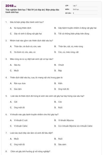 Trắc nghiệm Sinh học 7 Bài 59 (có đáp án): Biện pháp đấu tranh sinh học