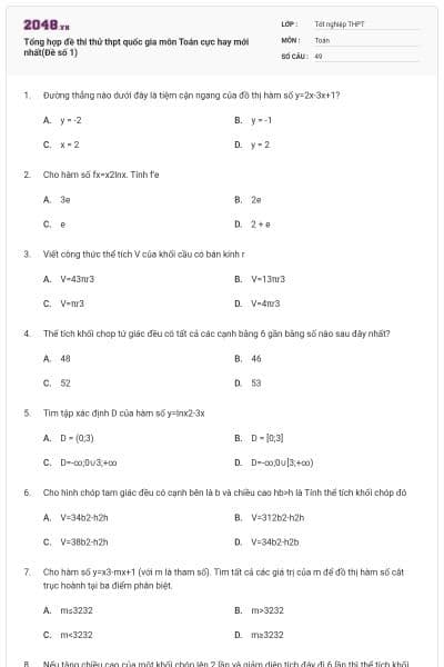 Tổng hợp đề thi thử thpt quốc gia môn Toán cực hay mới nhất(Đề số 1)