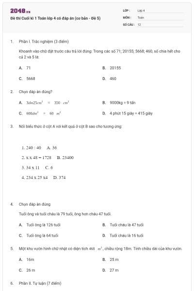 Đề thi Cuối kì 1 Toán lớp 4 có đáp án (cơ bản - Đề 5)
