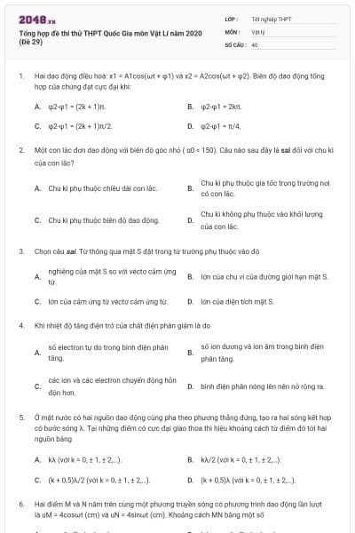Tổng hợp đề thi thử THPT Quốc Gia môn Vật Lí năm 2020 (Đề 29)