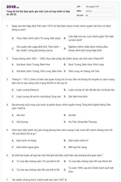 Tổng đề thi thử thpt quốc gia môn Lịch sử hay nhất có đáp án (đề 8)