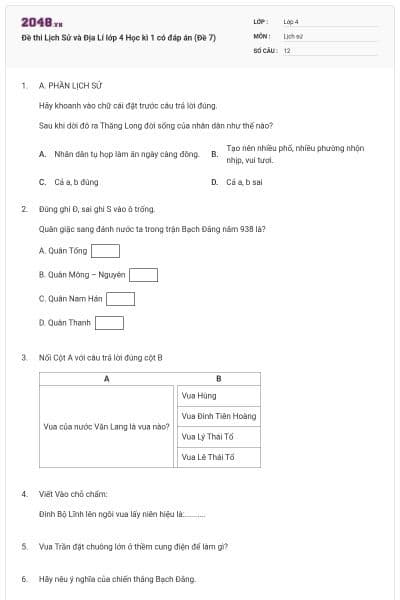 Đề thi Lịch Sử và Địa Lí lớp 4 Học kì 1 có đáp án (Đề 7)