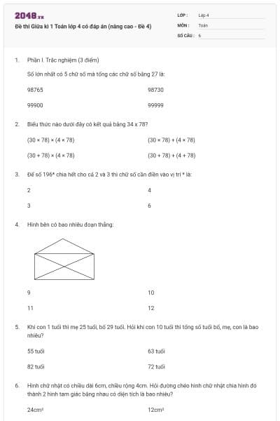 Đề thi Giữa kì 1 Toán lớp 4 có đáp án (nâng cao - Đề 4)