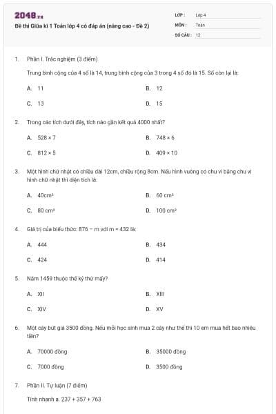 Đề thi Giữa kì 1 Toán lớp 4 có đáp án (nâng cao - Đề 2)