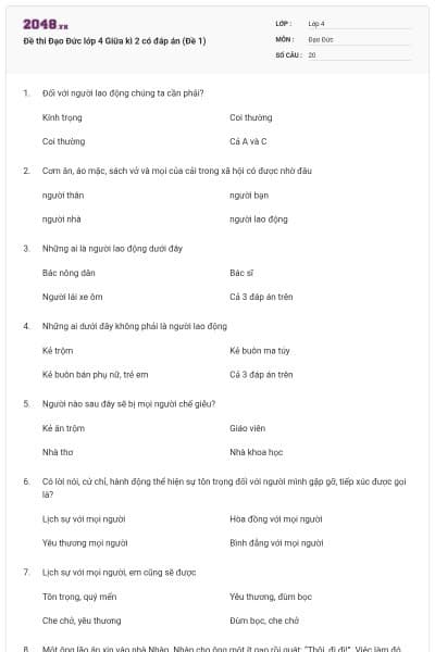 Đề thi Đạo Đức lớp 4 Giữa kì 2 có đáp án (Đề 1)