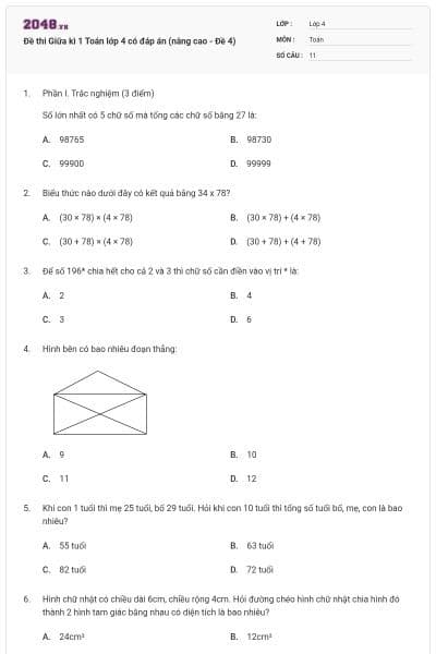 Đề thi Giữa kì 1 Toán lớp 4 có đáp án (nâng cao - Đề 4)