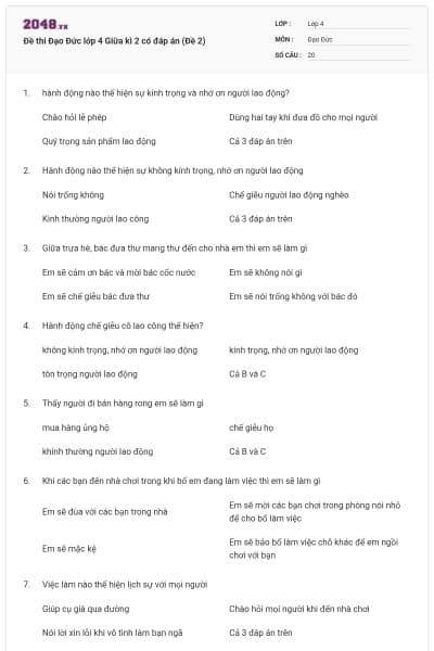 Đề thi Đạo Đức lớp 4 Giữa kì 2 có đáp án (Đề 2)