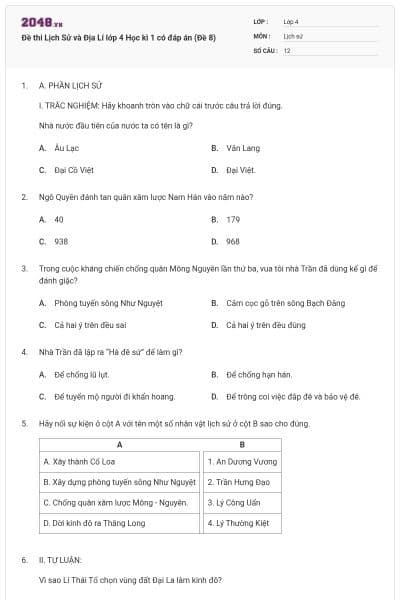 Đề thi Lịch Sử và Địa Lí lớp 4 Học kì 1 có đáp án (Đề 8)