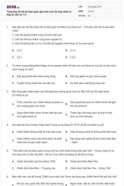 Tổng hợp 20 đề thi thpt quốc gia môn Lịch Sử Hay nhất có đáp án (Đề số 11)