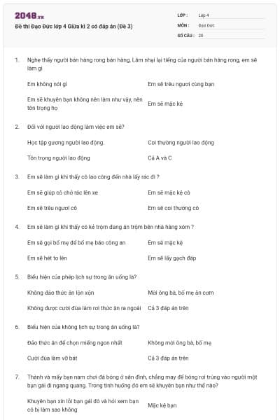 Đề thi Đạo Đức lớp 4 Giữa kì 2 có đáp án (Đề 3)