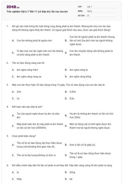 Trắc nghiệm Vật Lí 7 Bài 11 (có đáp án): Độ cao của âm