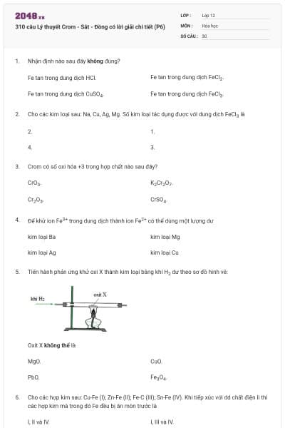 310 câu Lý thuyết Crom - Sắt - Đồng có lời giải chi tiết (P6)