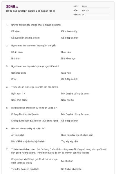 Đề thi Đạo Đức lớp 4 Giữa kì 2 có đáp án (Đề 5)