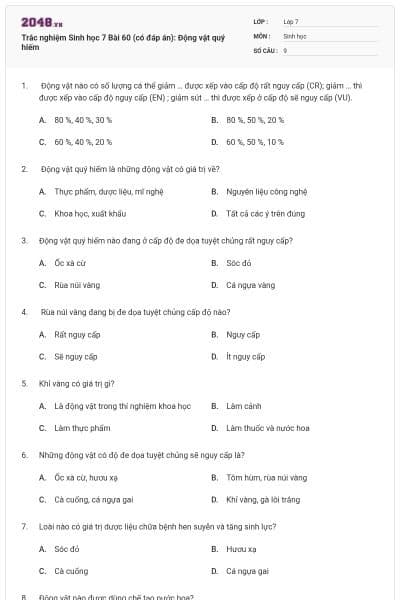 Trắc nghiệm Sinh học 7 Bài 60 (có đáp án): Động vật quý hiếm