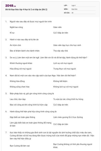 Đề thi Đạo Đức lớp 4 Học kì 2 có đáp án (Đề 2)